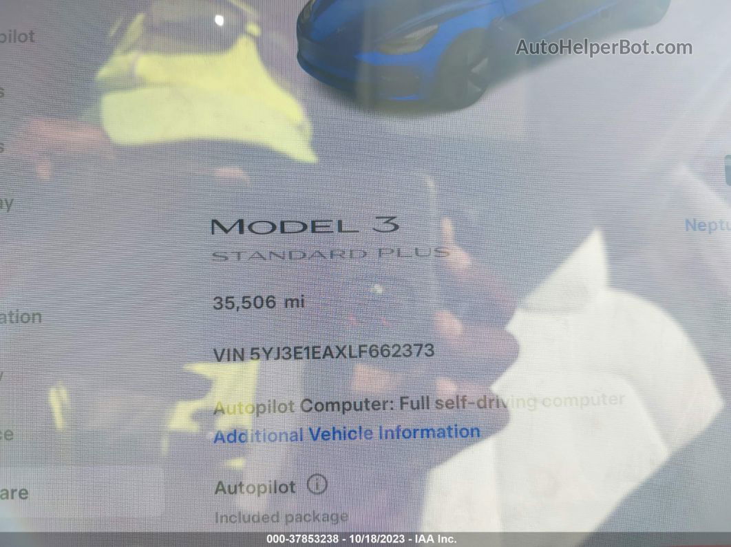 2020 Tesla Model 3 Standard Range Plus Rear-wheel Drive/standard Range Rear-wheel Drive Blue vin: 5YJ3E1EAXLF662373