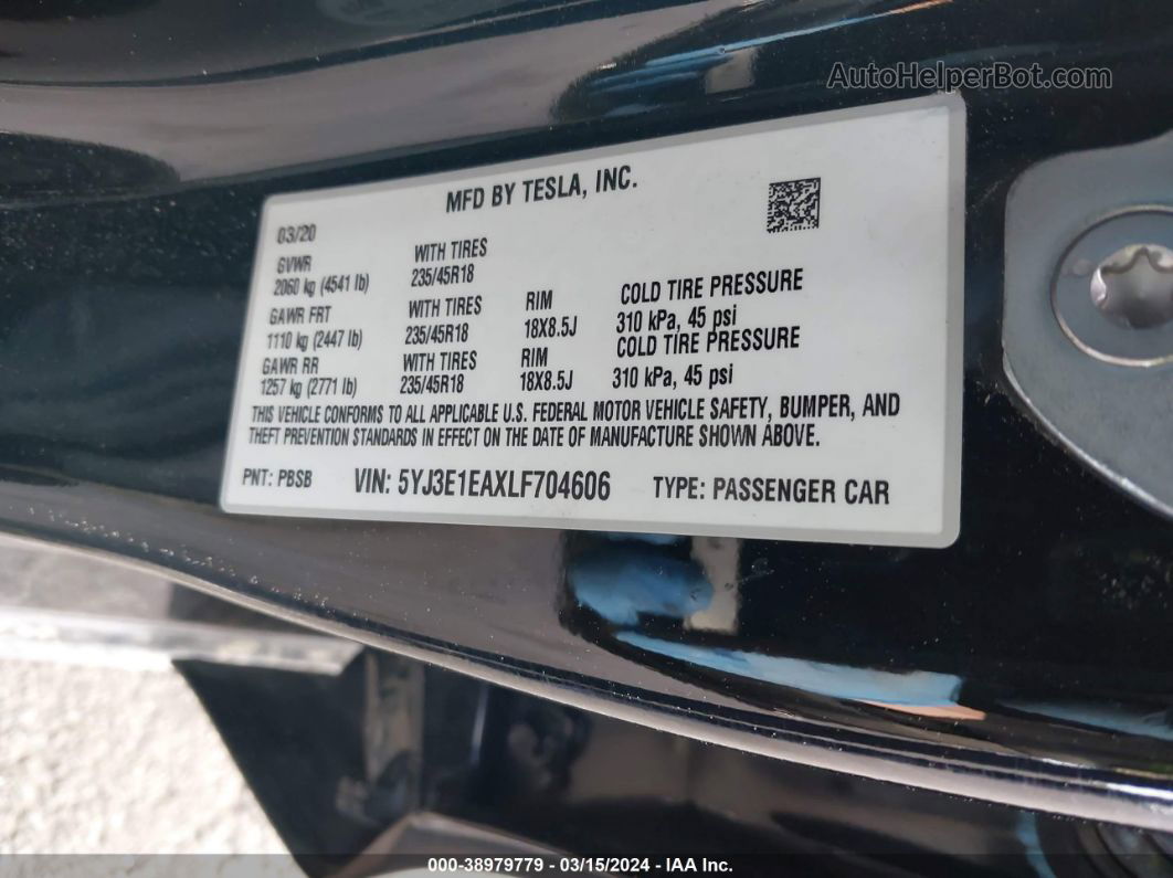 2020 Tesla Model 3 Standard Range Plus Rear-wheel Drive/standard Range Rear-wheel Drive Черный vin: 5YJ3E1EAXLF704606