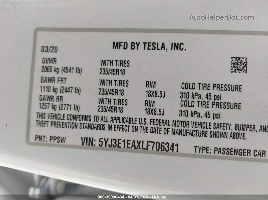 2020 Tesla Model 3 Standard Range Plus Rear-wheel Drive/standard Range Rear-wheel Drive White vin: 5YJ3E1EAXLF706341