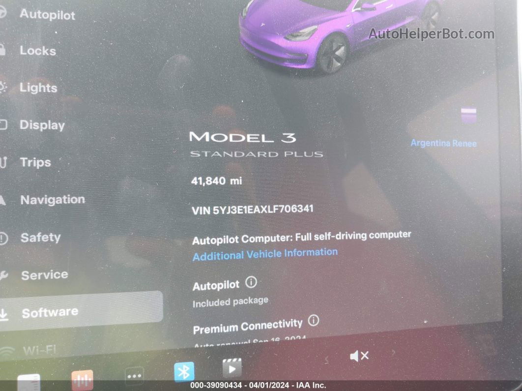 2020 Tesla Model 3 Standard Range Plus Rear-wheel Drive/standard Range Rear-wheel Drive White vin: 5YJ3E1EAXLF706341