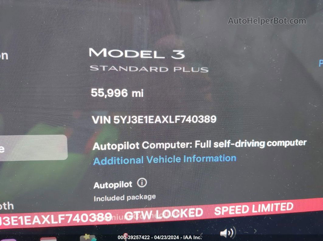 2020 Tesla Model 3 Standard Range Plus Rear-wheel Drive/standard Range Rear-wheel Drive Белый vin: 5YJ3E1EAXLF740389