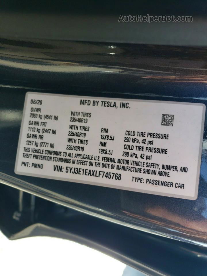 2020 Tesla Model 3  Серый vin: 5YJ3E1EAXLF745768