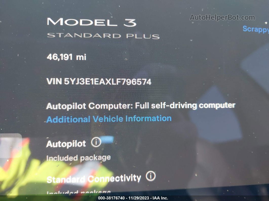 2020 Tesla Model 3 Standard Range Plus Rear-wheel Drive/standard Range Rear-wheel Drive Черный vin: 5YJ3E1EAXLF796574