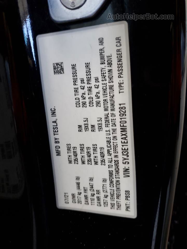 2021 Tesla Model 3  Black vin: 5YJ3E1EAXMF019281