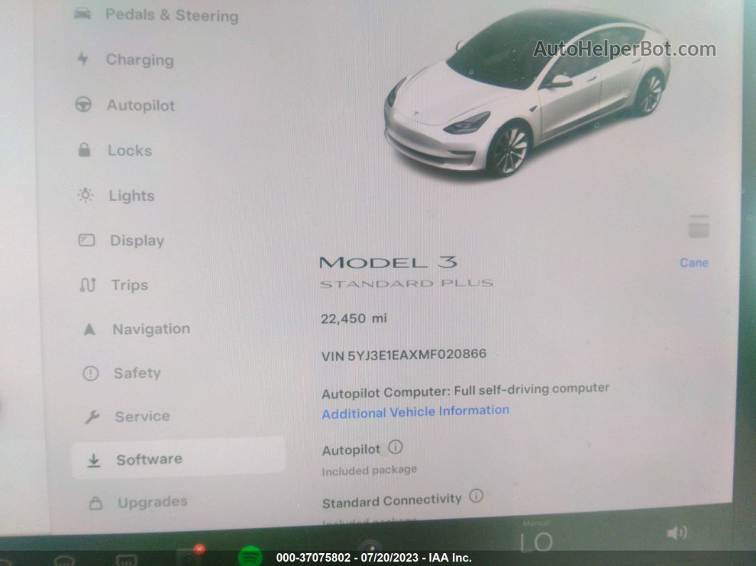 2021 Tesla Model 3 Standard Range Plus White vin: 5YJ3E1EAXMF020866