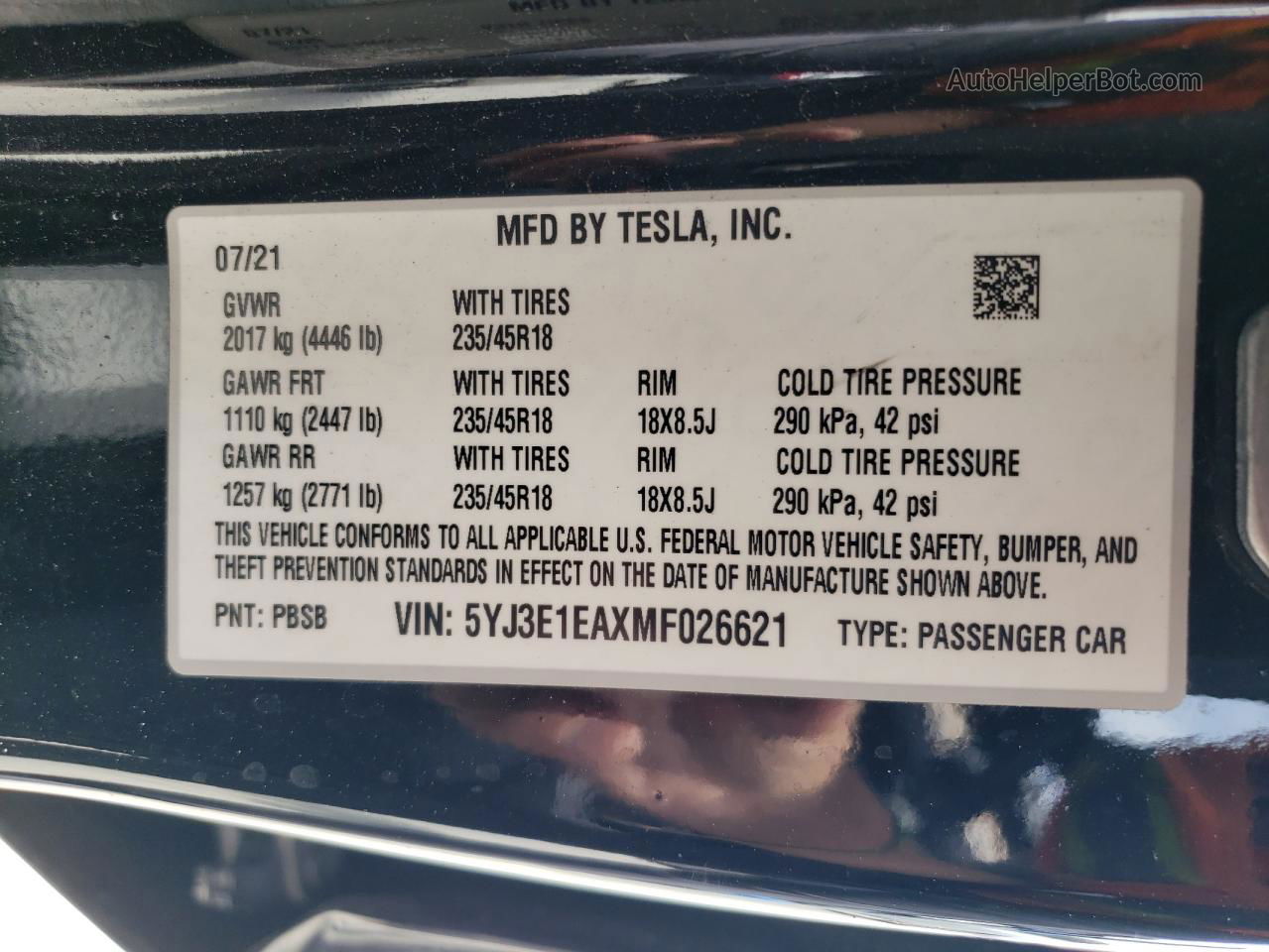 2021 Tesla Model 3  Черный vin: 5YJ3E1EAXMF026621