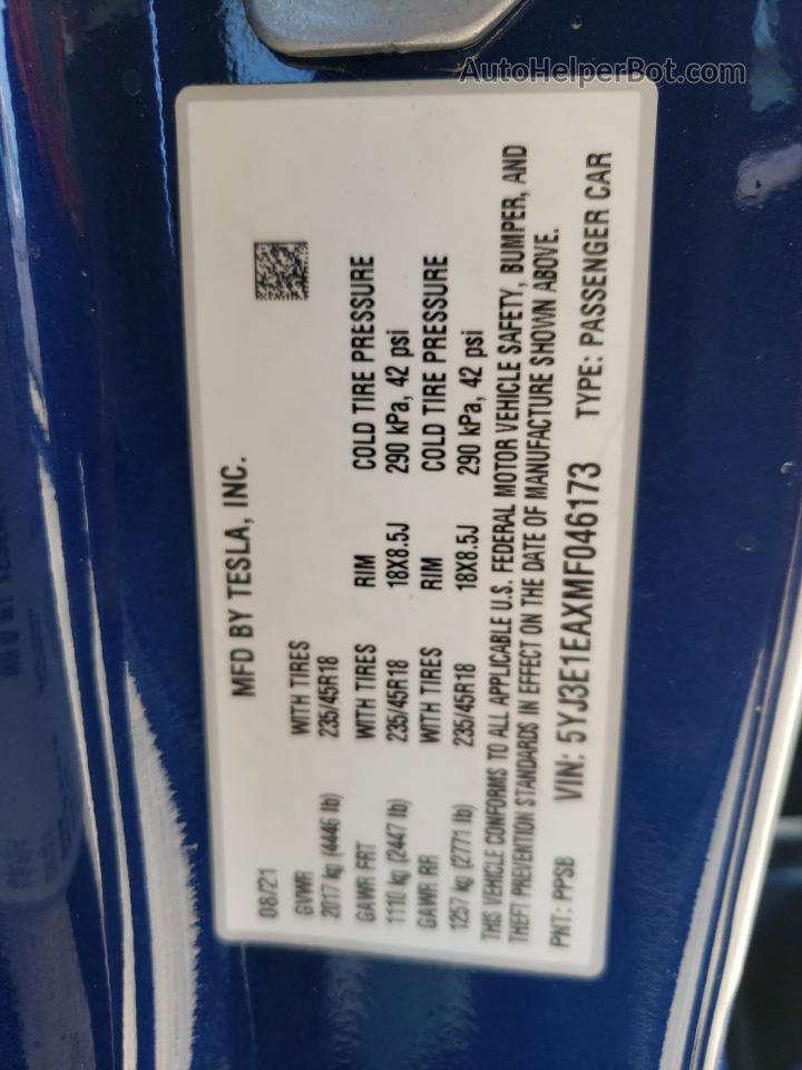 2021 Tesla Model 3  Blue vin: 5YJ3E1EAXMF046173