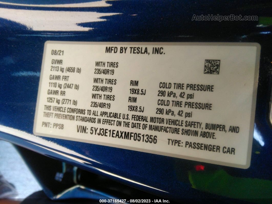 2021 Tesla Model 3 Standard Range Plus Blue vin: 5YJ3E1EAXMF051356