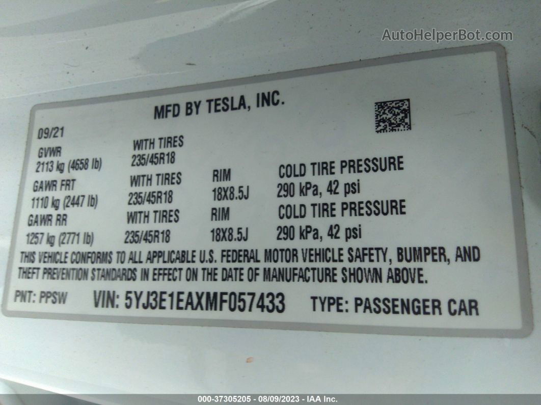 2021 Tesla Model 3 Standard Range Plus White vin: 5YJ3E1EAXMF057433