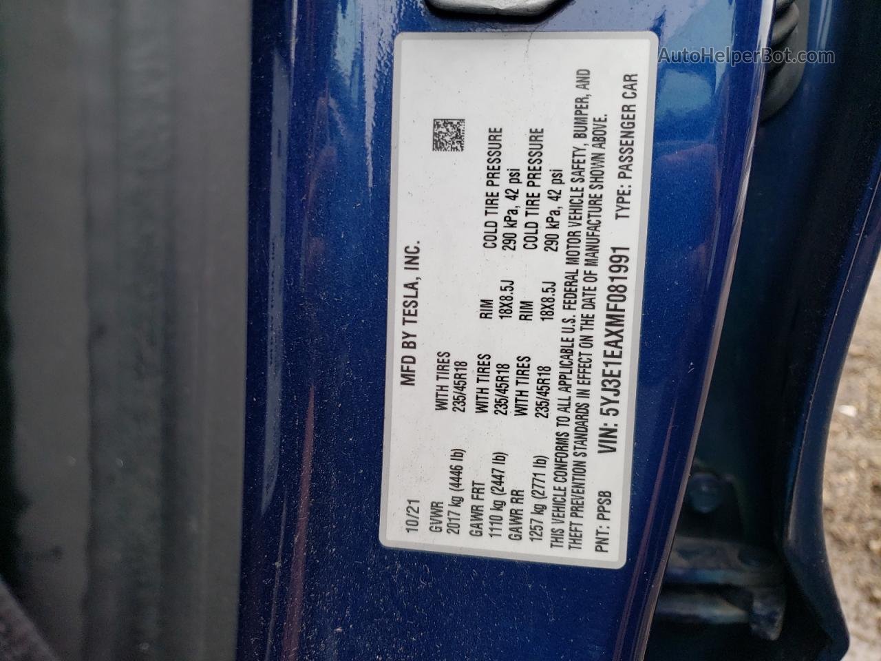 2021 Tesla Model 3  Синий vin: 5YJ3E1EAXMF081991