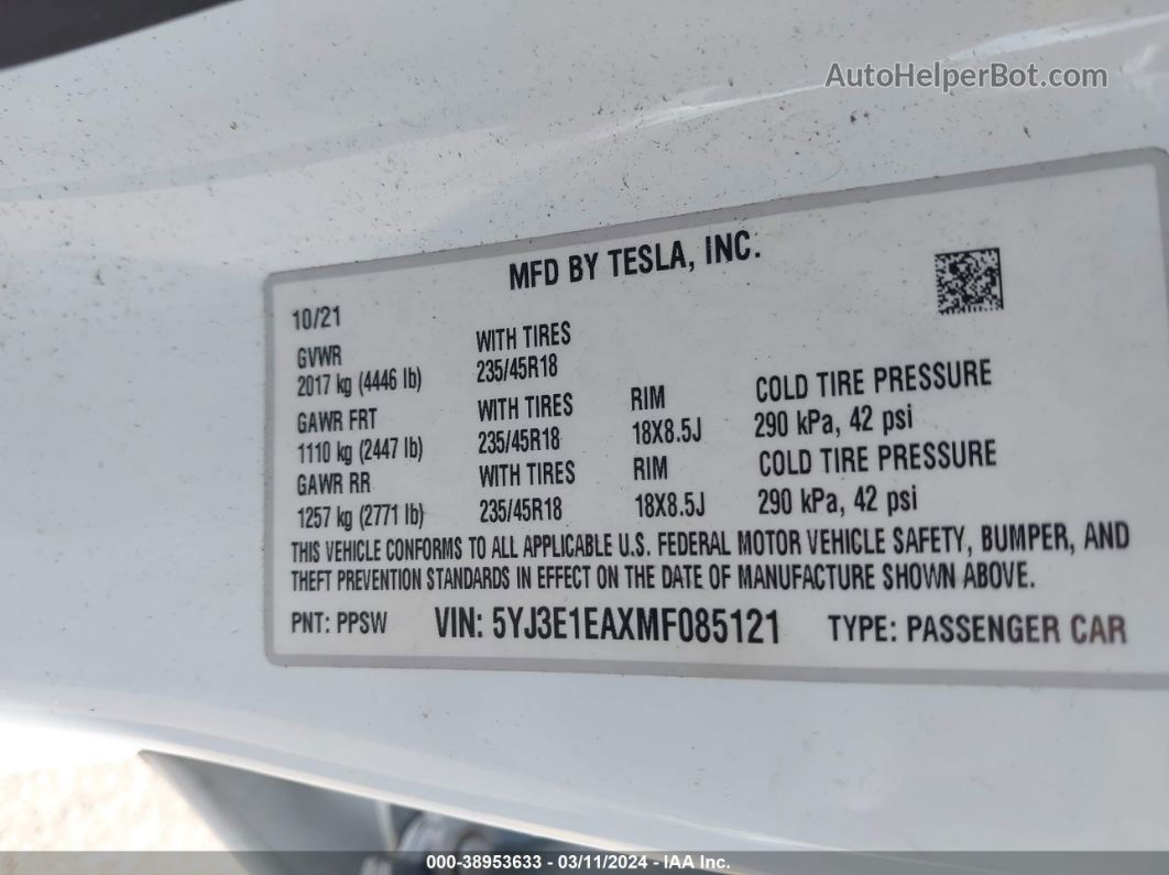 2021 Tesla Model 3 Standard Range Plus Rear-wheel Drive Белый vin: 5YJ3E1EAXMF085121