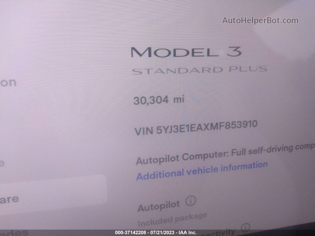 2021 Tesla Model 3 Standard Range Plus Белый vin: 5YJ3E1EAXMF853910