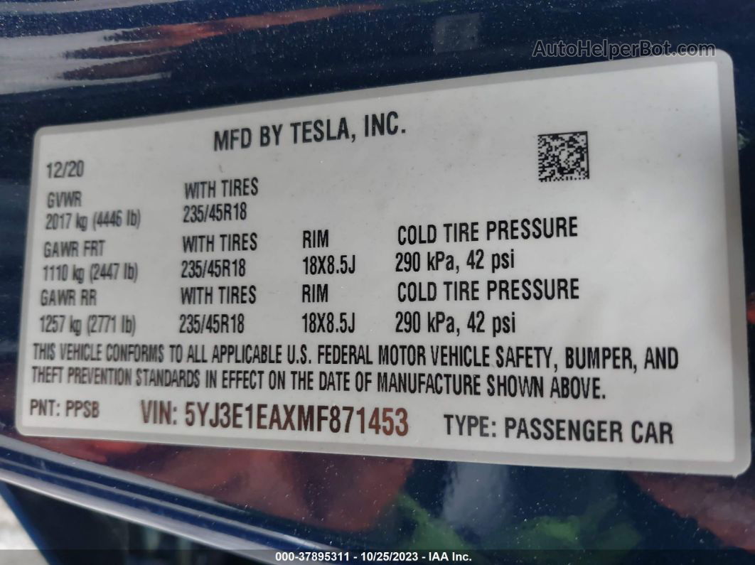 2021 Tesla Model 3 Standard Range Plus Синий vin: 5YJ3E1EAXMF871453