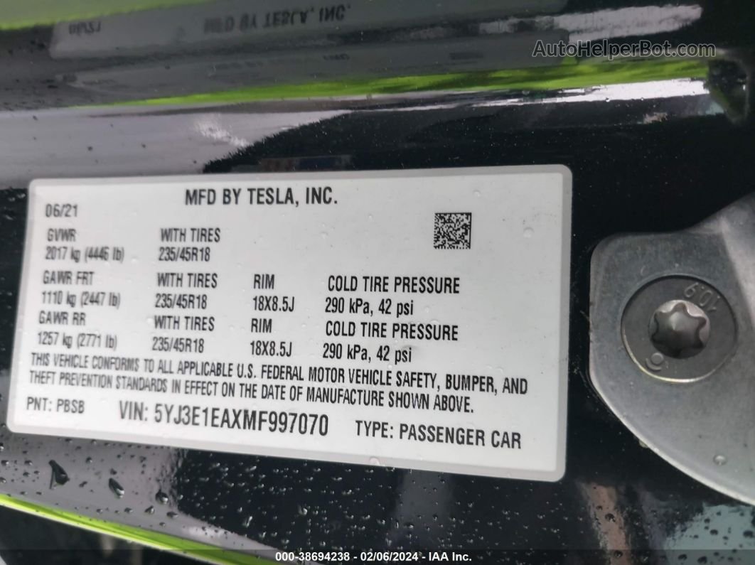 2021 Tesla Model 3 Standard Range Plus Rear-wheel Drive Black vin: 5YJ3E1EAXMF997070