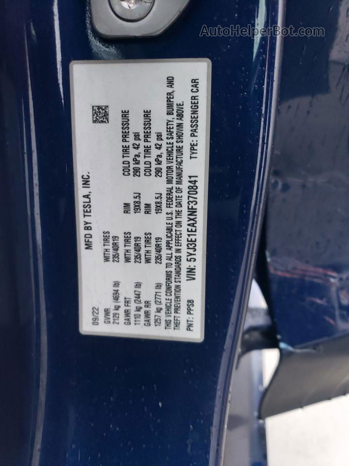 2022 Tesla Model 3  Blue vin: 5YJ3E1EAXNF370841