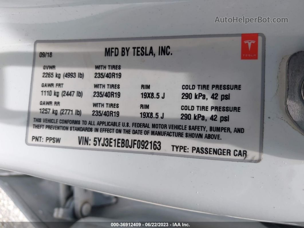 2018 Tesla Model 3 Long Range Unknown vin: 5YJ3E1EB0JF092163