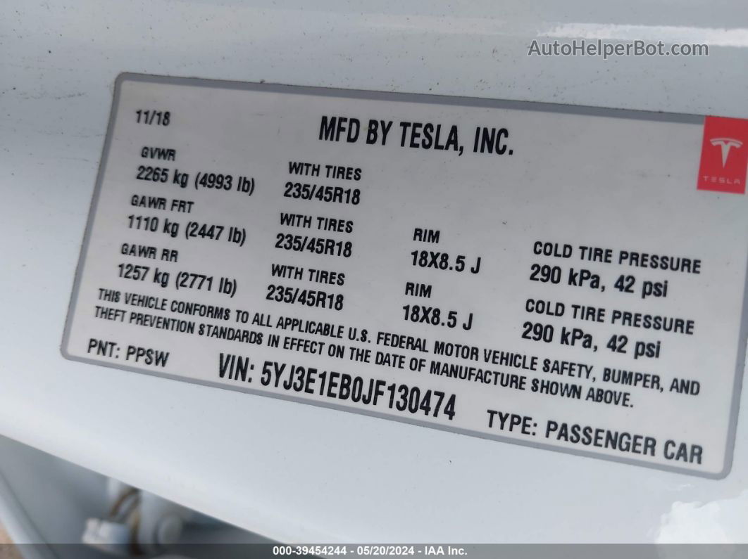 2018 Tesla Model 3 Long Range/performance Белый vin: 5YJ3E1EB0JF130474