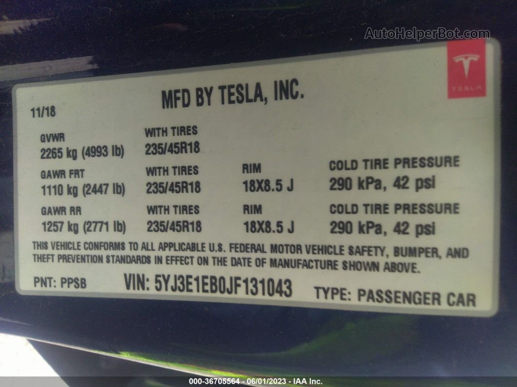 2018 Tesla Model 3 Long Range Синий vin: 5YJ3E1EB0JF131043
