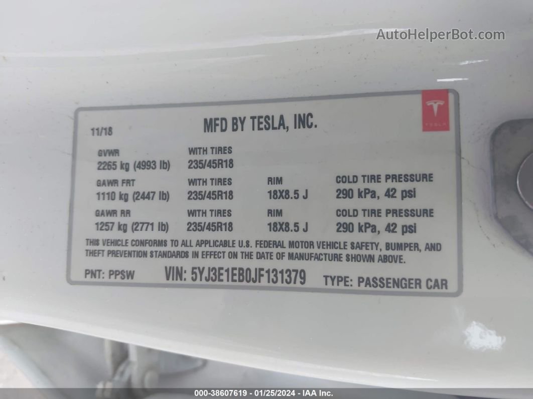 2018 Tesla Model 3 Long Range/performance Белый vin: 5YJ3E1EB0JF131379