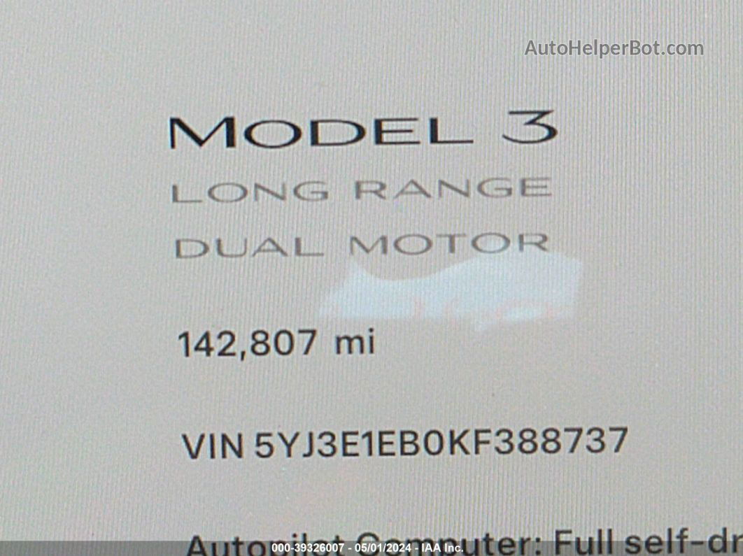 2019 Tesla Model 3 Long Range/performance Black vin: 5YJ3E1EB0KF388737
