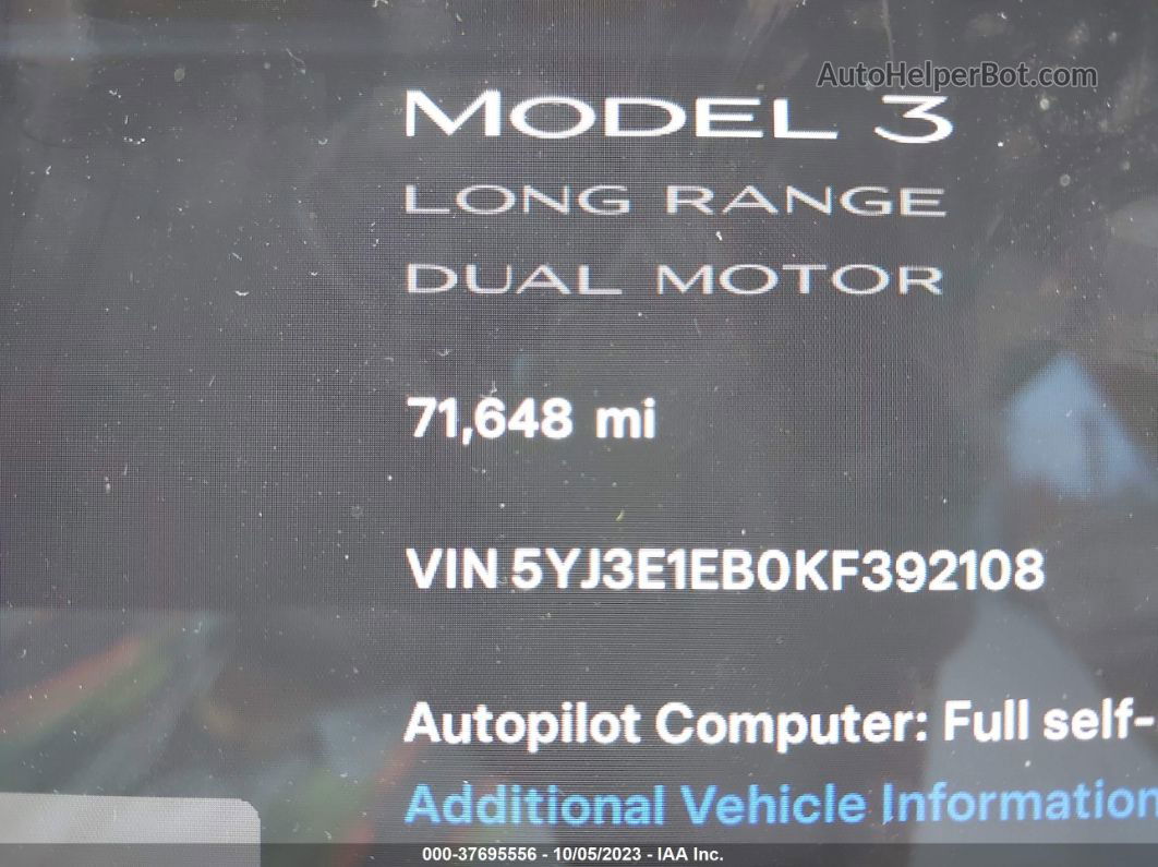 2019 Tesla Model 3 Performance/long Range Blue vin: 5YJ3E1EB0KF392108