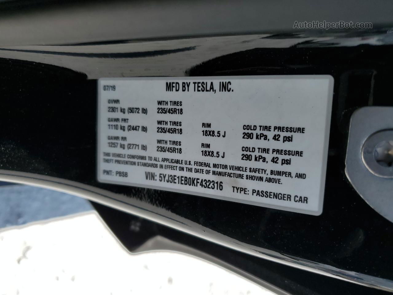 2019 Tesla Model 3  Черный vin: 5YJ3E1EB0KF432316