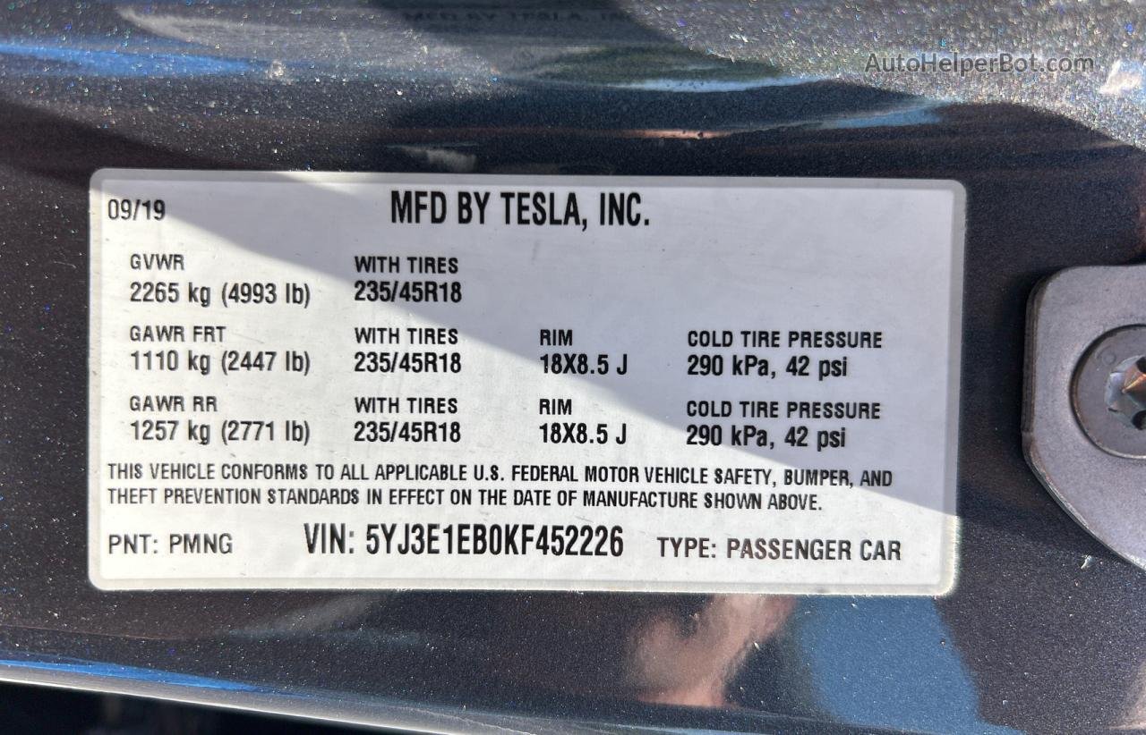 2019 Tesla Model 3 Gray vin: 5YJ3E1EB0KF452226