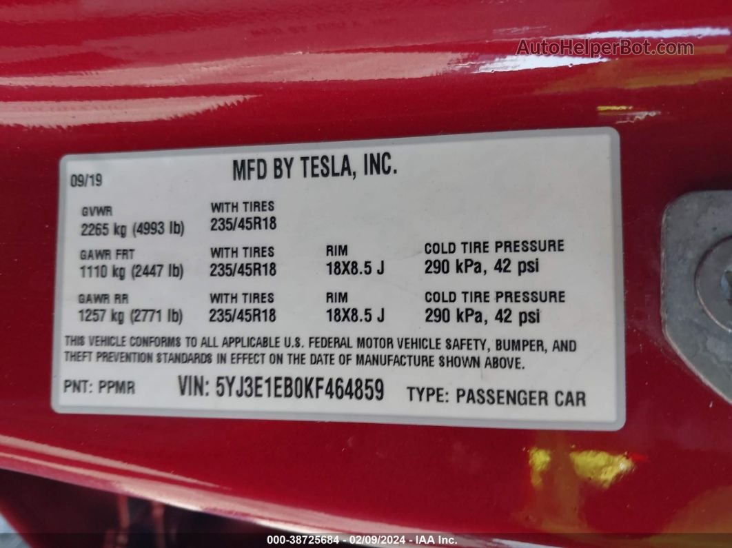 2019 Tesla Model 3 Long Range/performance Red vin: 5YJ3E1EB0KF464859
