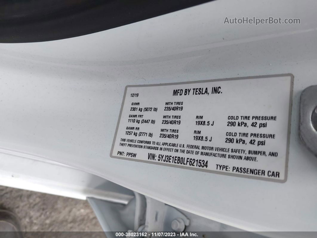 2020 Tesla Model 3 Long Range Dual Motor White vin: 5YJ3E1EB0LF621534