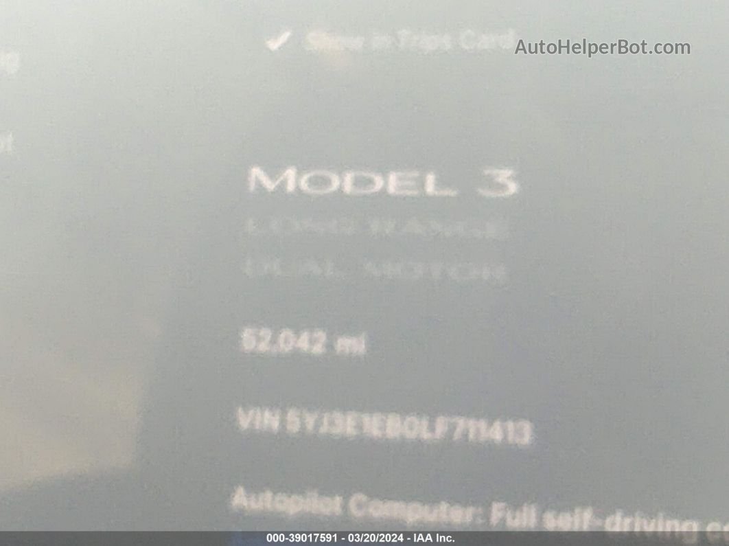 2020 Tesla Model 3 Long Range Dual Motor All-wheel Drive White vin: 5YJ3E1EB0LF711413