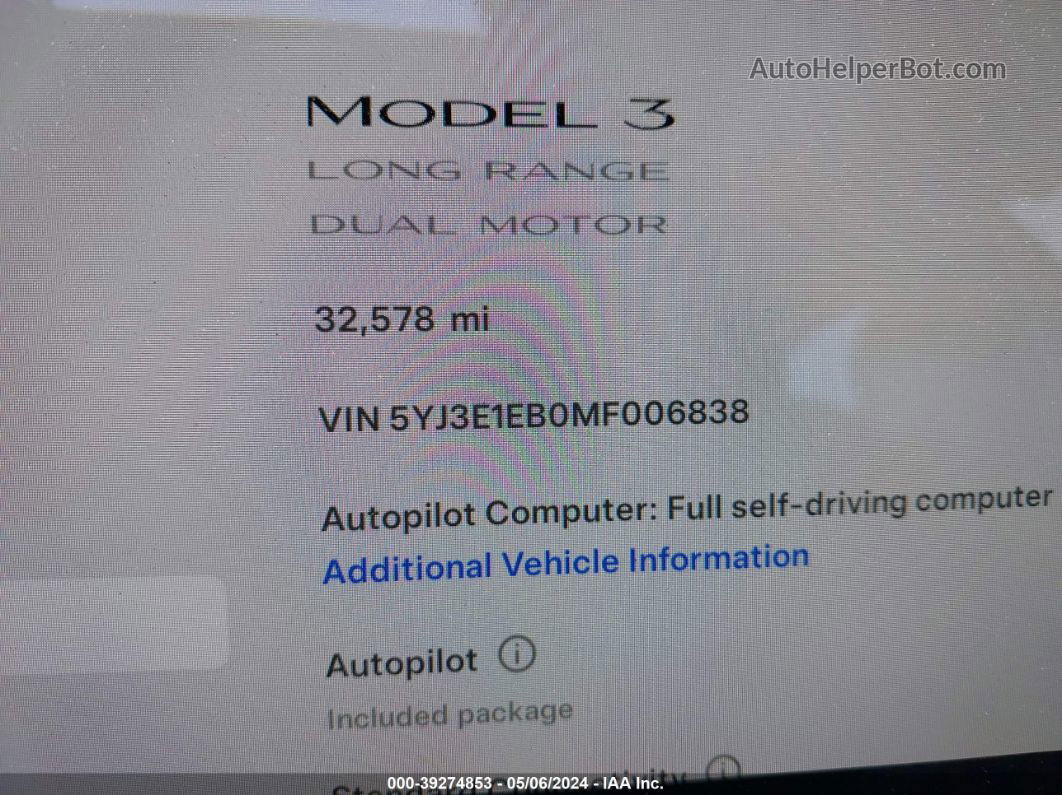 2021 Tesla Model 3 Long Range Dual Motor All-wheel Drive Gray vin: 5YJ3E1EB0MF006838