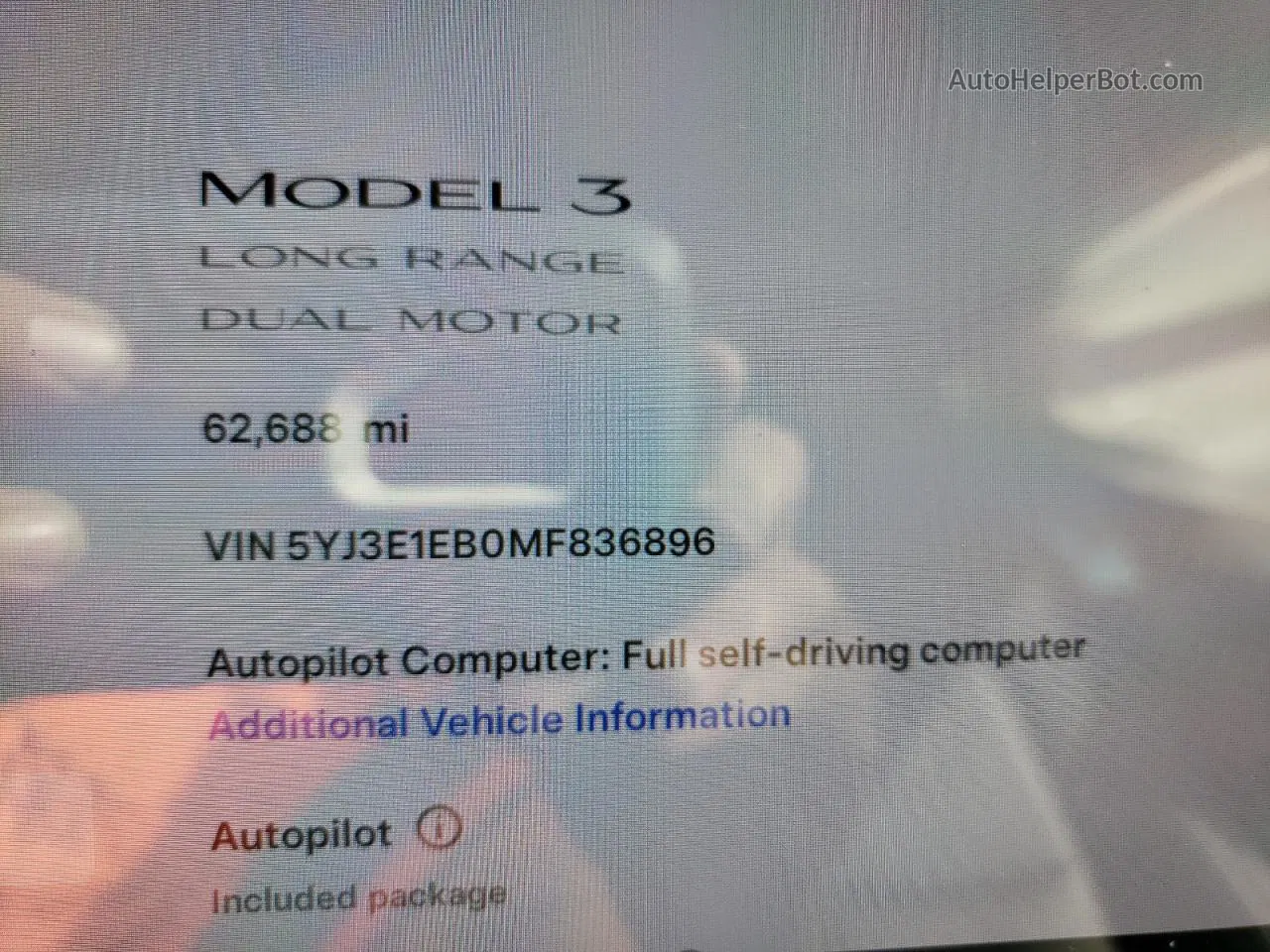 2021 Tesla Model 3  White vin: 5YJ3E1EB0MF836896