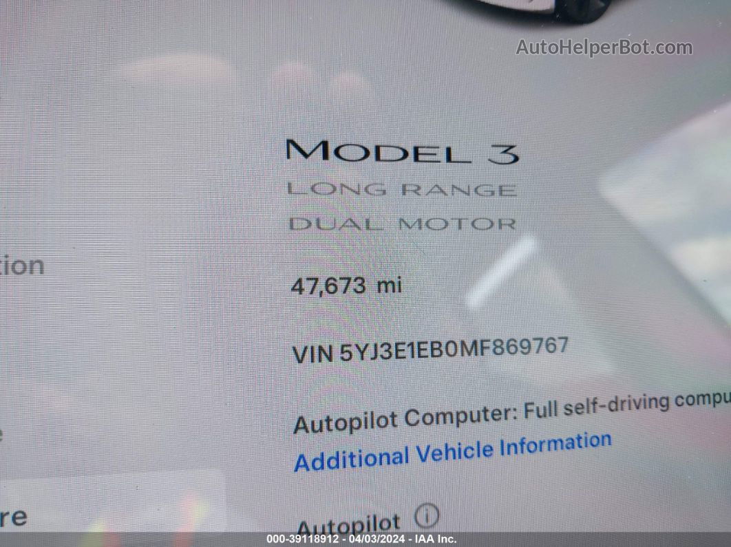 2021 Tesla Model 3 Long Range Dual Motor All-wheel Drive White vin: 5YJ3E1EB0MF869767