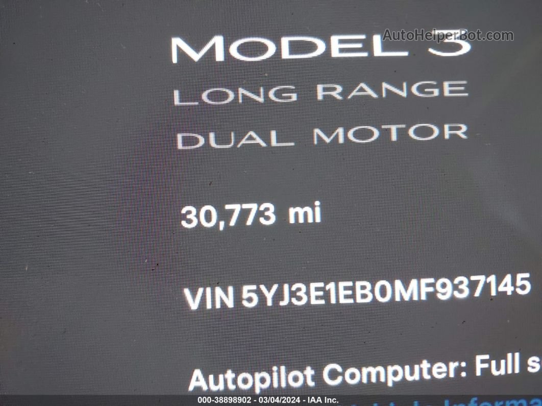 2021 Tesla Model 3 Long Range Dual Motor All-wheel Drive White vin: 5YJ3E1EB0MF937145