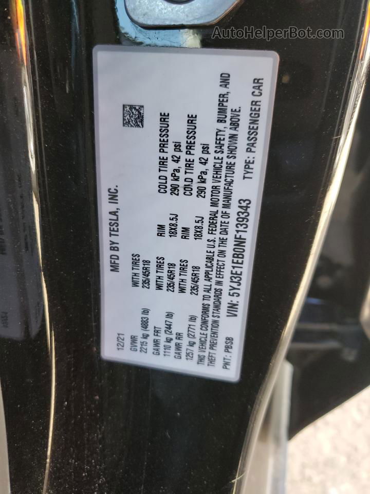 2022 Tesla Model 3  Black vin: 5YJ3E1EB0NF139343