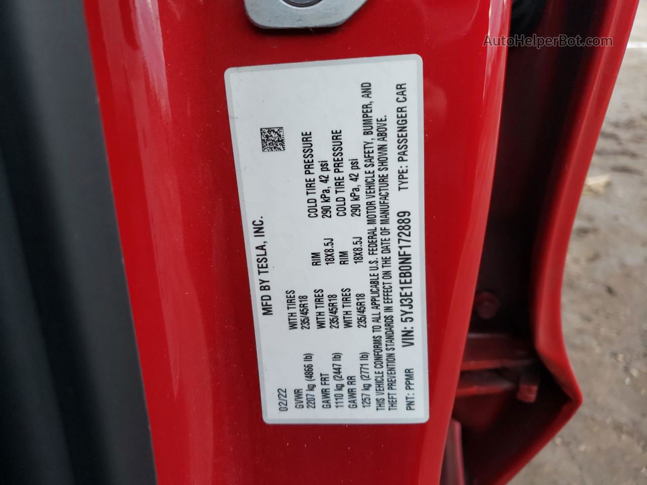 2022 Tesla Model 3  Red vin: 5YJ3E1EB0NF172889