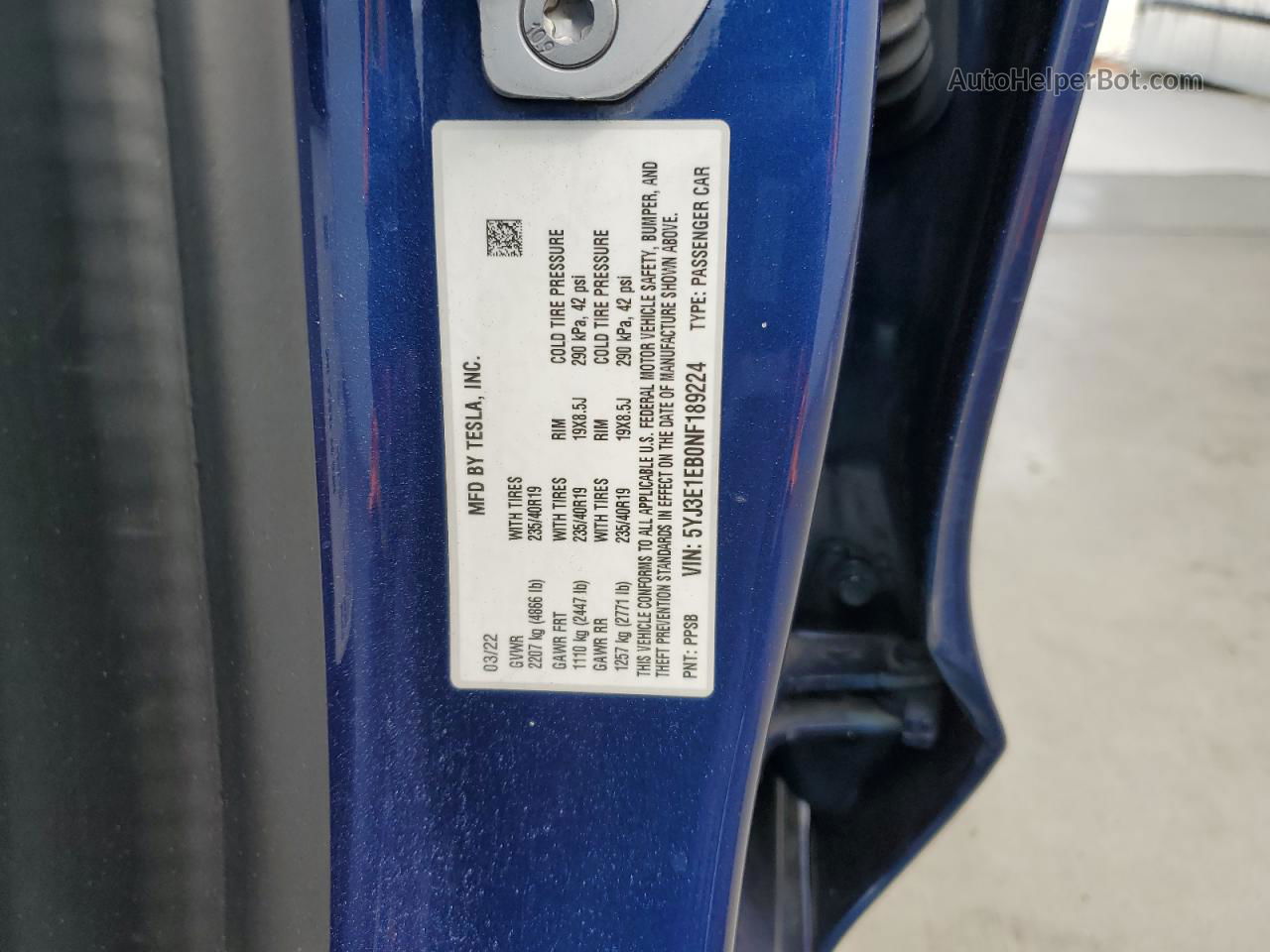 2022 Tesla Model 3  Blue vin: 5YJ3E1EB0NF189224