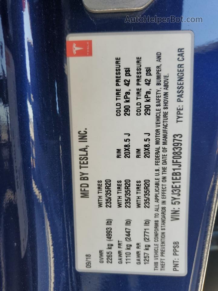 2018 Tesla Model 3  Синий vin: 5YJ3E1EB1JF083973