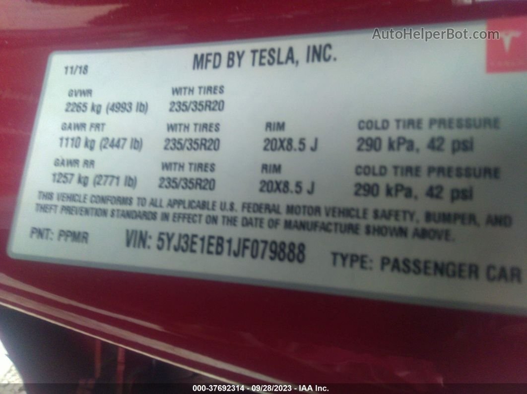 2018 Tesla Model 3 Performance/long Range Red vin: 5YJ3E1EB1JF079888
