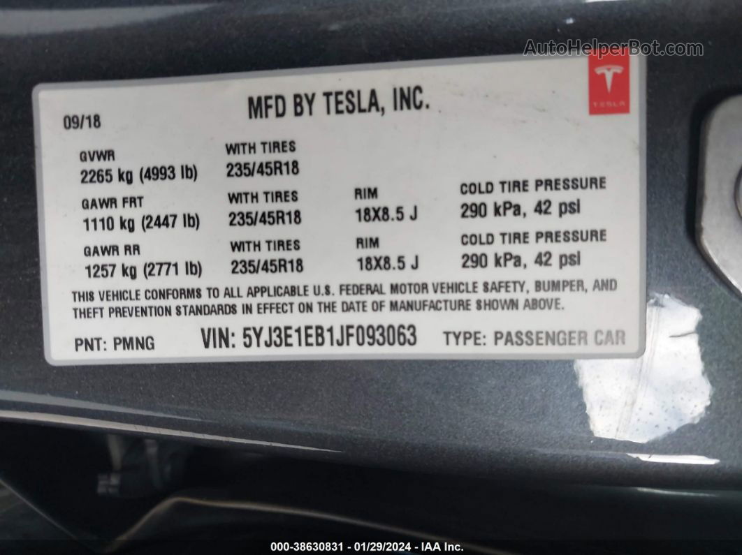 2018 Tesla Model 3 Long Range/performance Gray vin: 5YJ3E1EB1JF093063