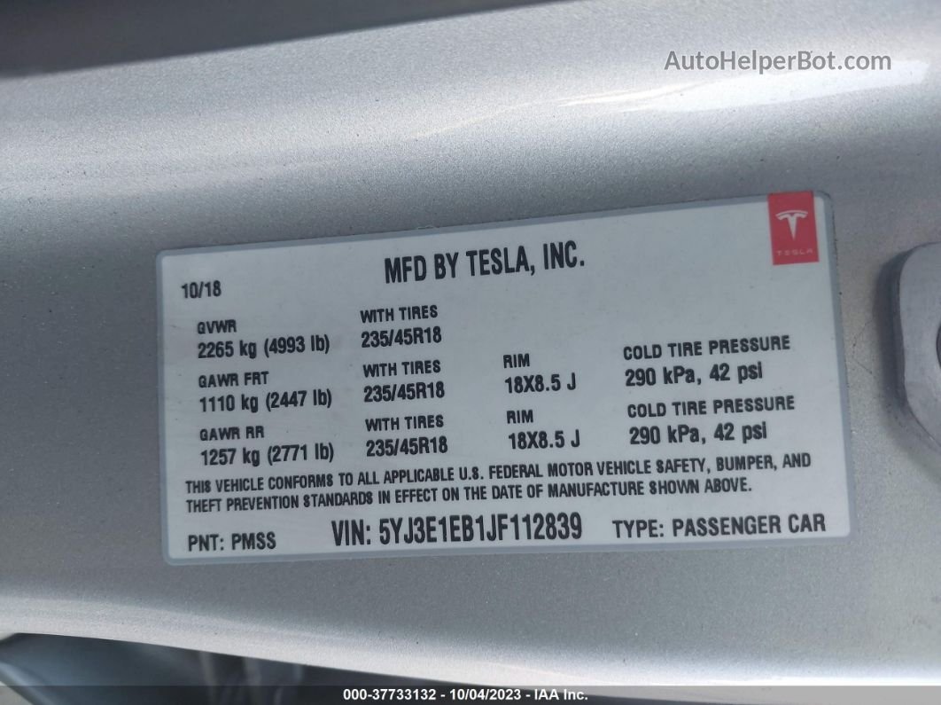 2018 Tesla Model 3 Long Range Silver vin: 5YJ3E1EB1JF112839