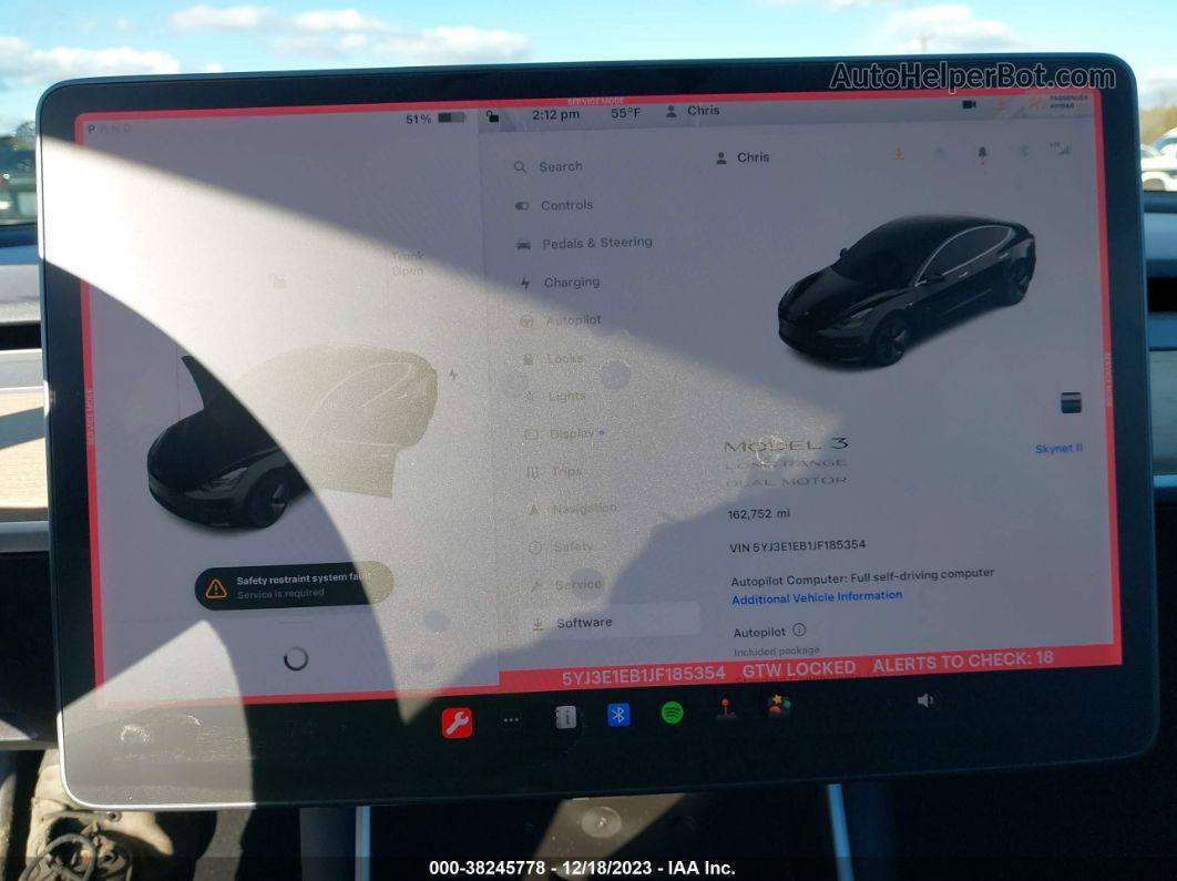 2018 Tesla Model 3 Long Range/performance Black vin: 5YJ3E1EB1JF185354