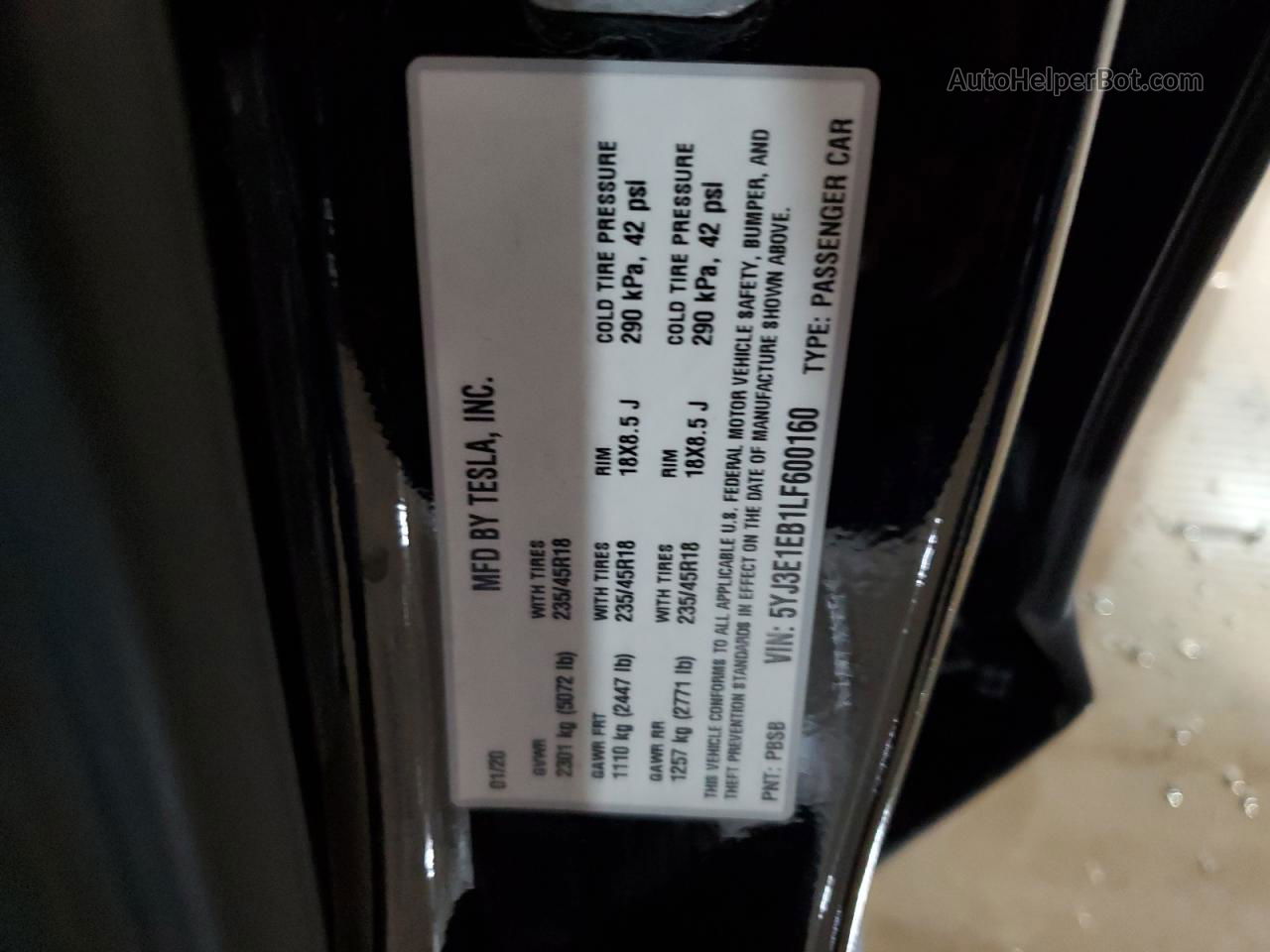 2020 Tesla Model 3  Black vin: 5YJ3E1EB1LF600160