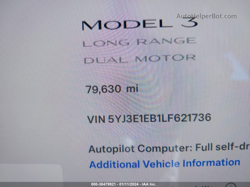 2020 Tesla Model 3 Long Range Dual Motor All-wheel Drive White vin: 5YJ3E1EB1LF621736