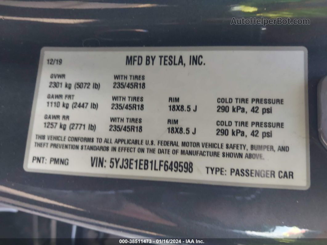 2020 Tesla Model 3 Long Range Dual Motor All-wheel Drive Gray vin: 5YJ3E1EB1LF649598