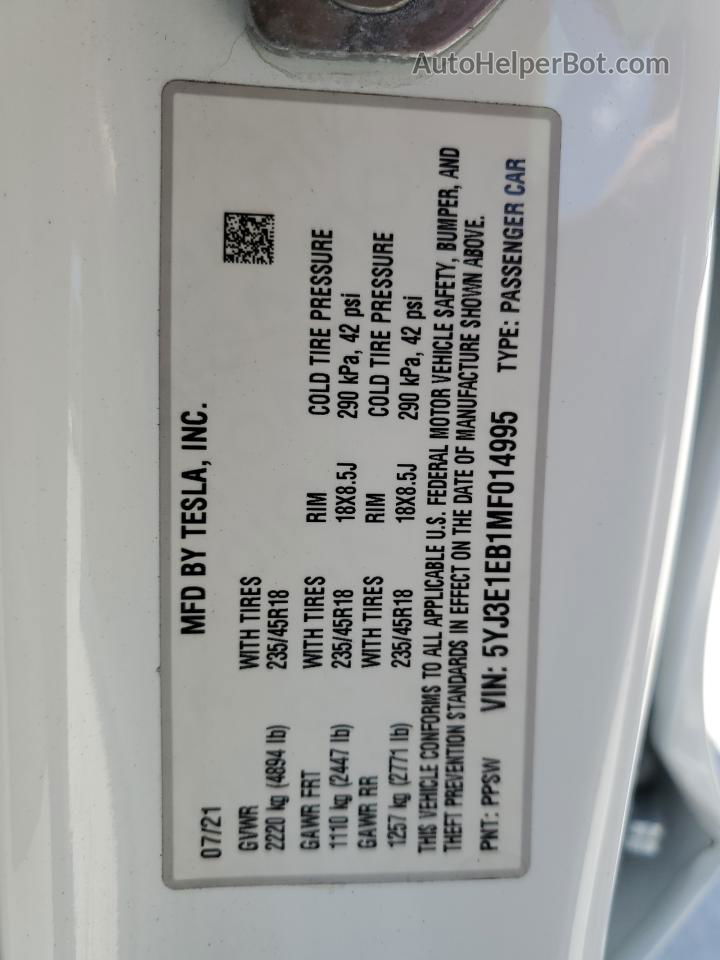 2021 Tesla Model 3  White vin: 5YJ3E1EB1MF014995