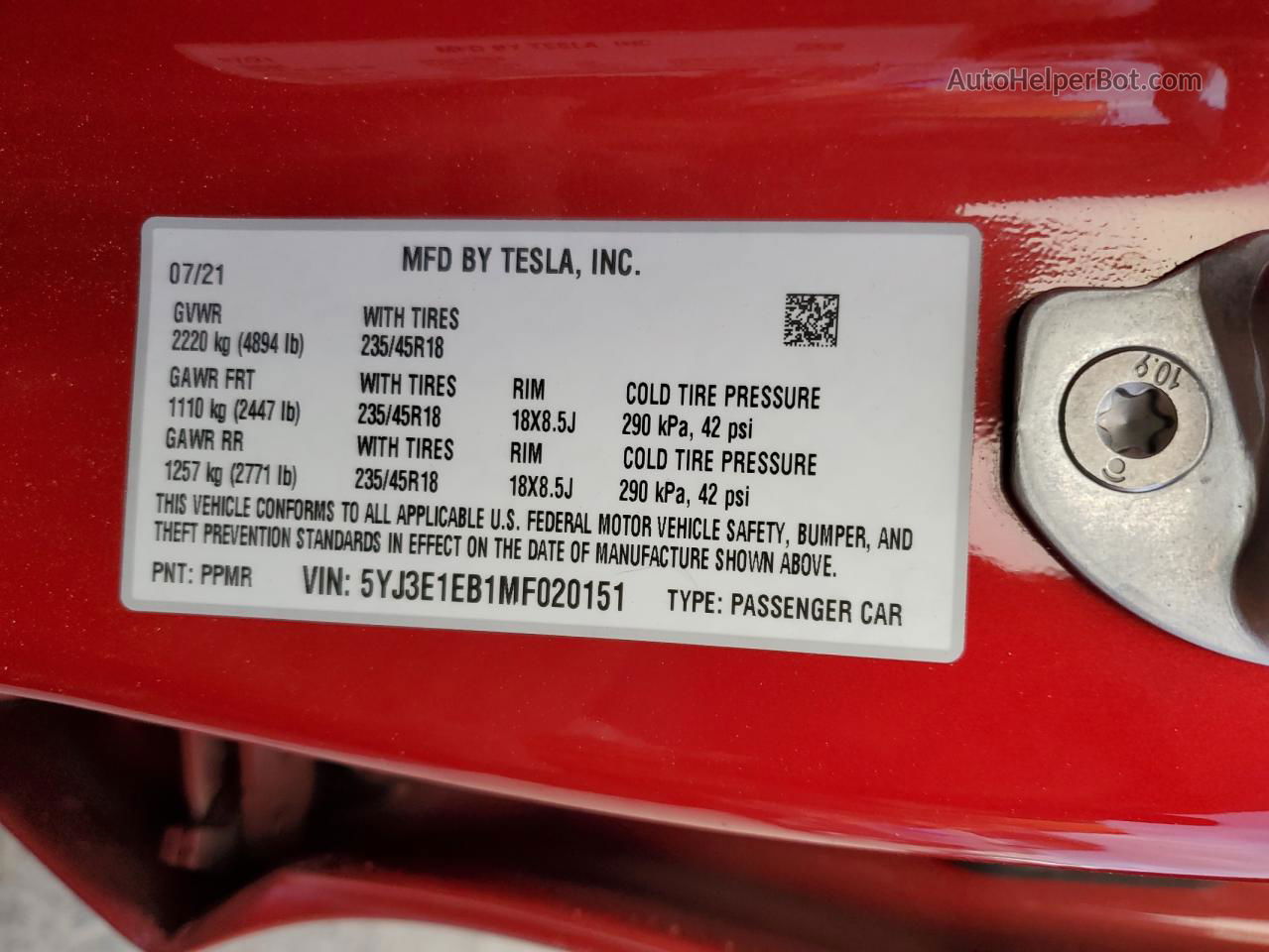 2021 Tesla Model 3  Red vin: 5YJ3E1EB1MF020151