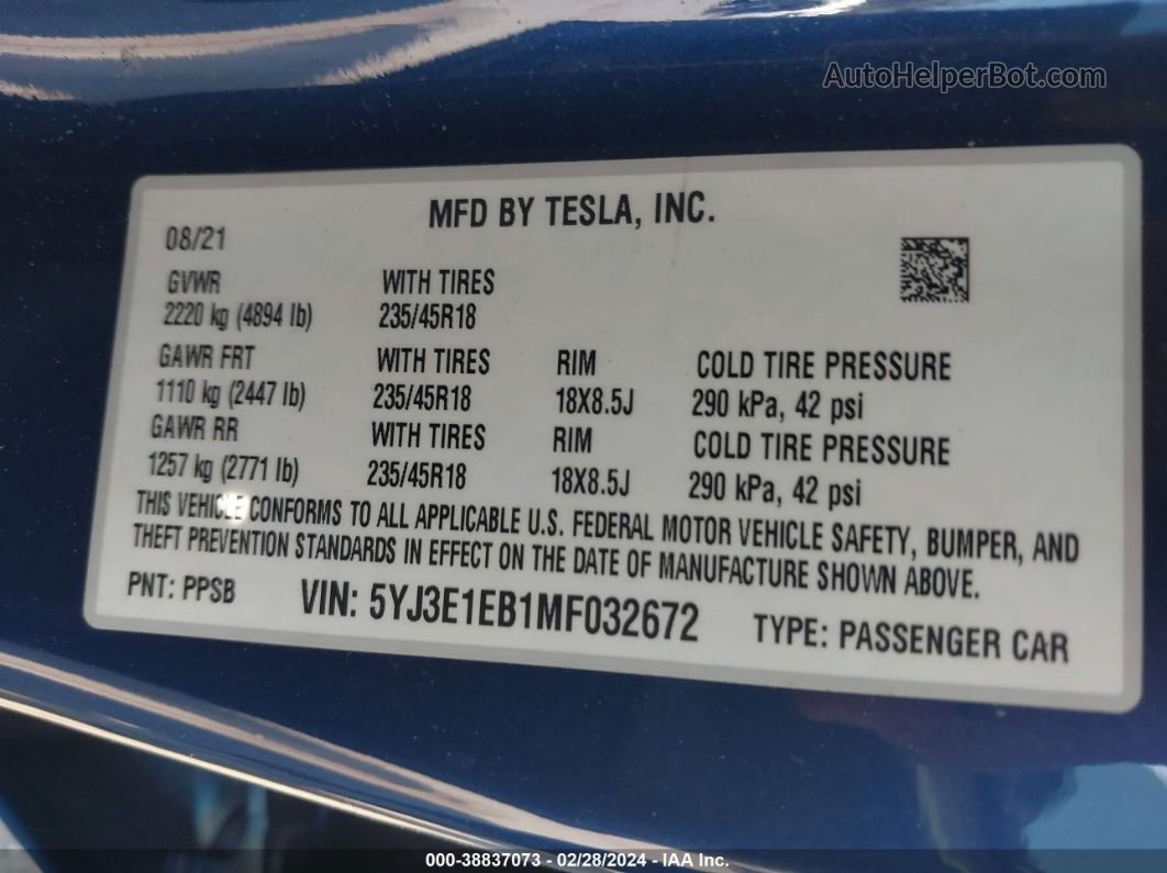 2021 Tesla Model 3 Long Range Dual Motor All-wheel Drive Синий vin: 5YJ3E1EB1MF032672