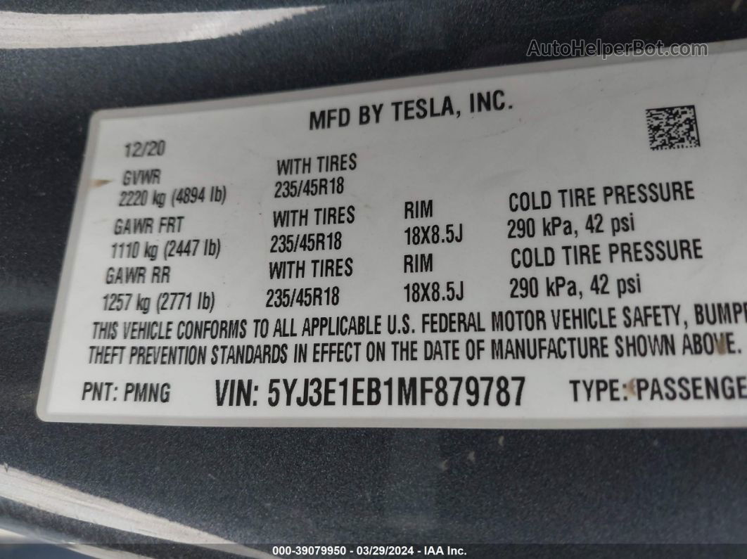 2021 Tesla Model 3 Long Range Dual Motor All-wheel Drive Gray vin: 5YJ3E1EB1MF879787