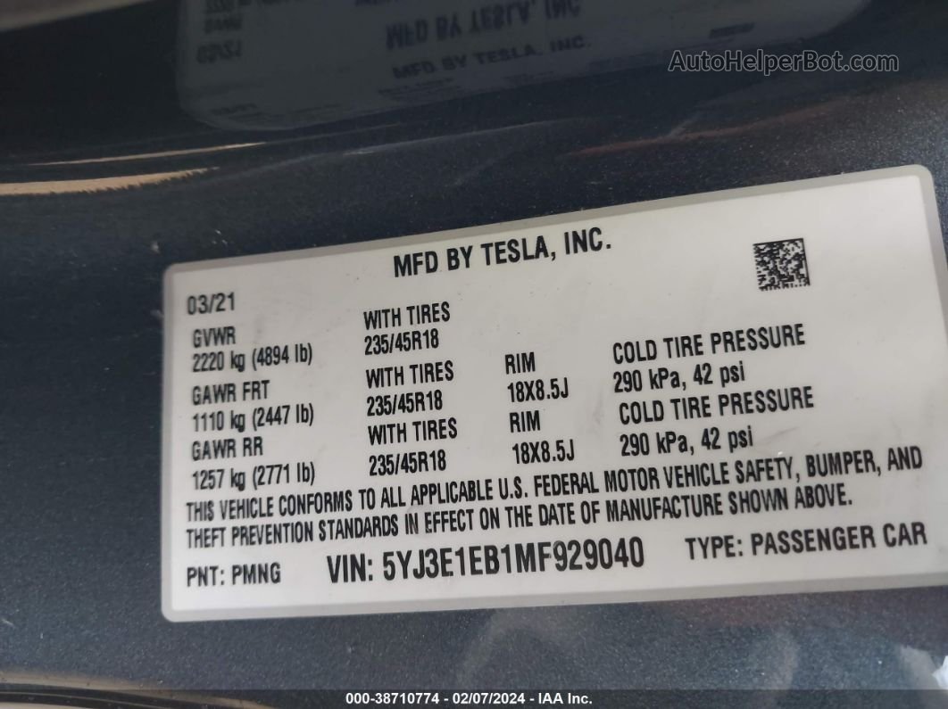 2021 Tesla Model 3 Long Range Dual Motor All-wheel Drive Серый vin: 5YJ3E1EB1MF929040